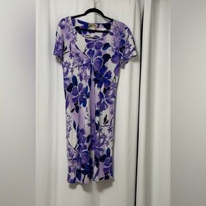 Watercolor Hibiscus Purple A-line Dress with Cap Sleeves Size XL